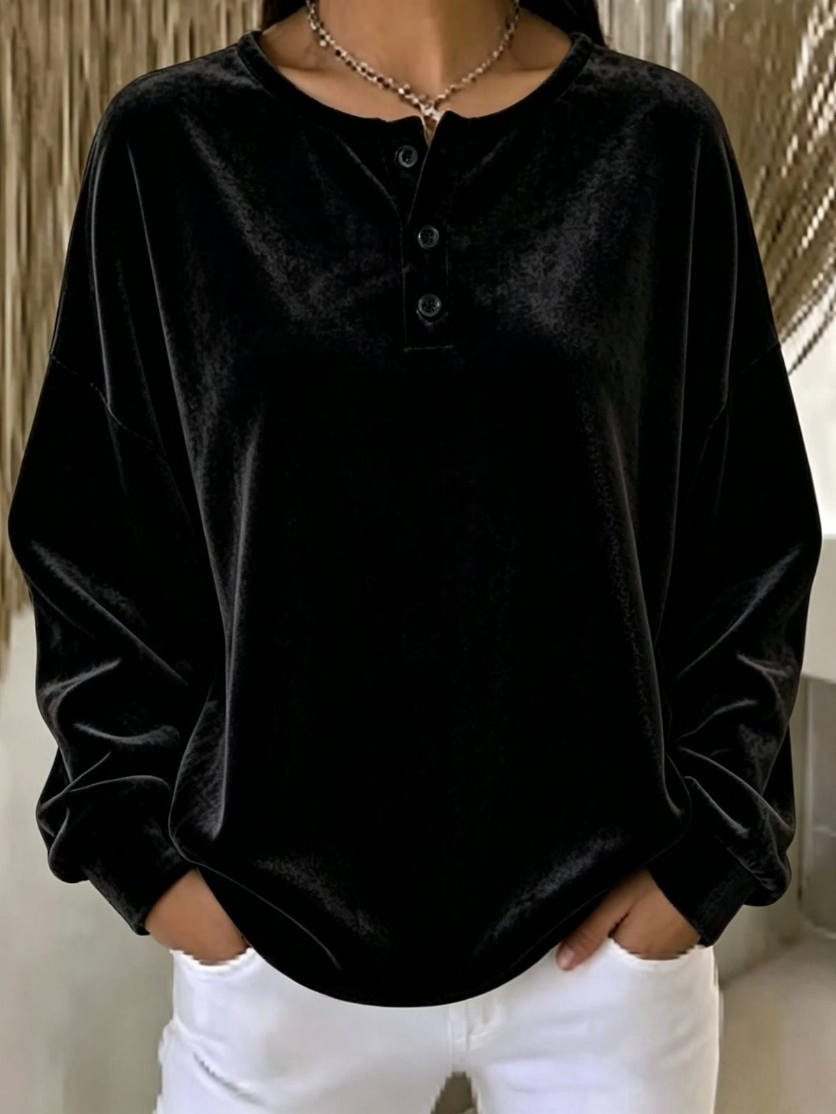 Oversized Henley-sweatshirt voor dames met fluweeleffect, knopenlijst en verlaagde schouders