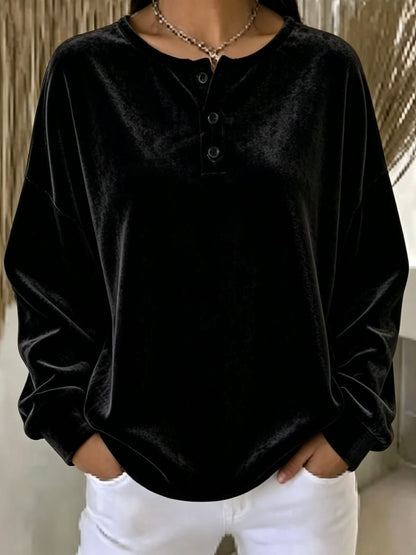 Oversized Henley-sweatshirt voor dames met fluweeleffect, knopenlijst en verlaagde schouders