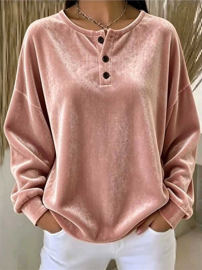 Oversized Henley-sweatshirt voor dames met fluweeleffect, knopenlijst en verlaagde schouders