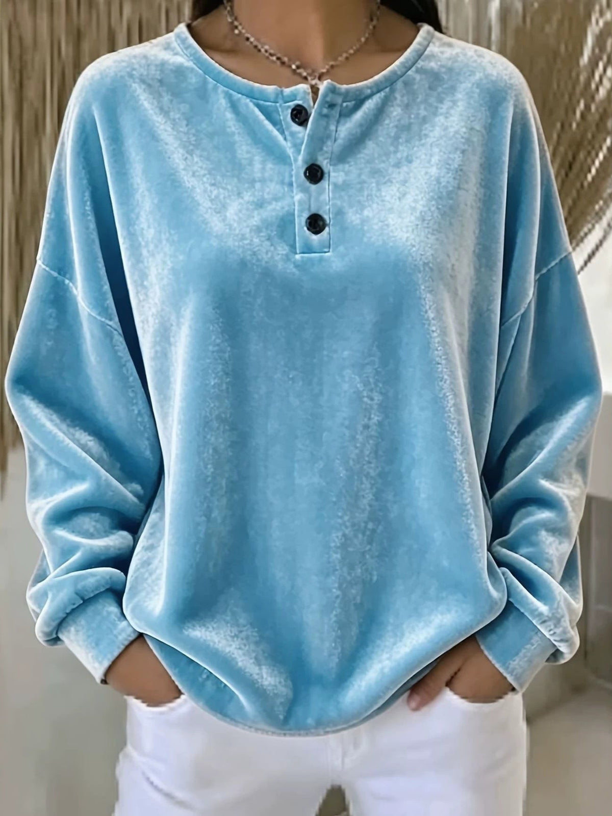 Oversized Henley-sweatshirt voor dames met fluweeleffect, knopenlijst en verlaagde schouders