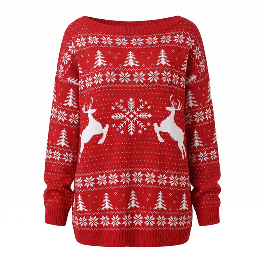 Oversized off-shoulder kersttrui voor dames met Noors patroon