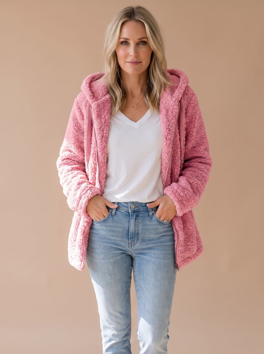 Oversized teddyfleece damesjas met capuchon en ritssluiting