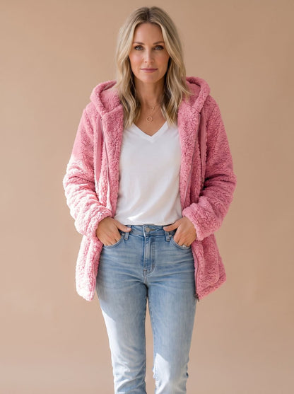 Oversized teddyfleece damesjas met capuchon en ritssluiting
