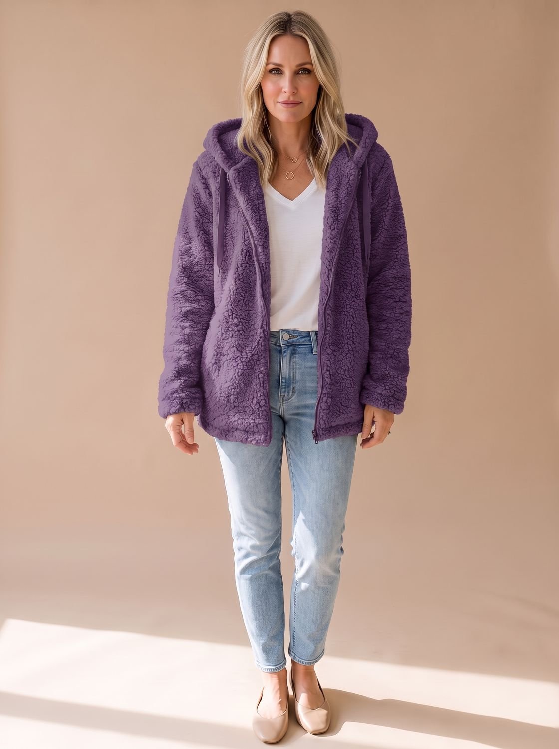 Oversized teddyfleece damesjas met capuchon en ritssluiting