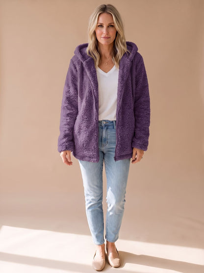 Oversized teddyfleece damesjas met capuchon en ritssluiting