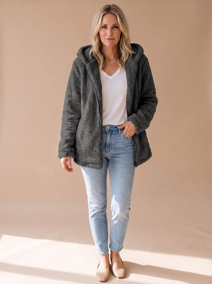 Oversized teddyfleece damesjas met capuchon en ritssluiting