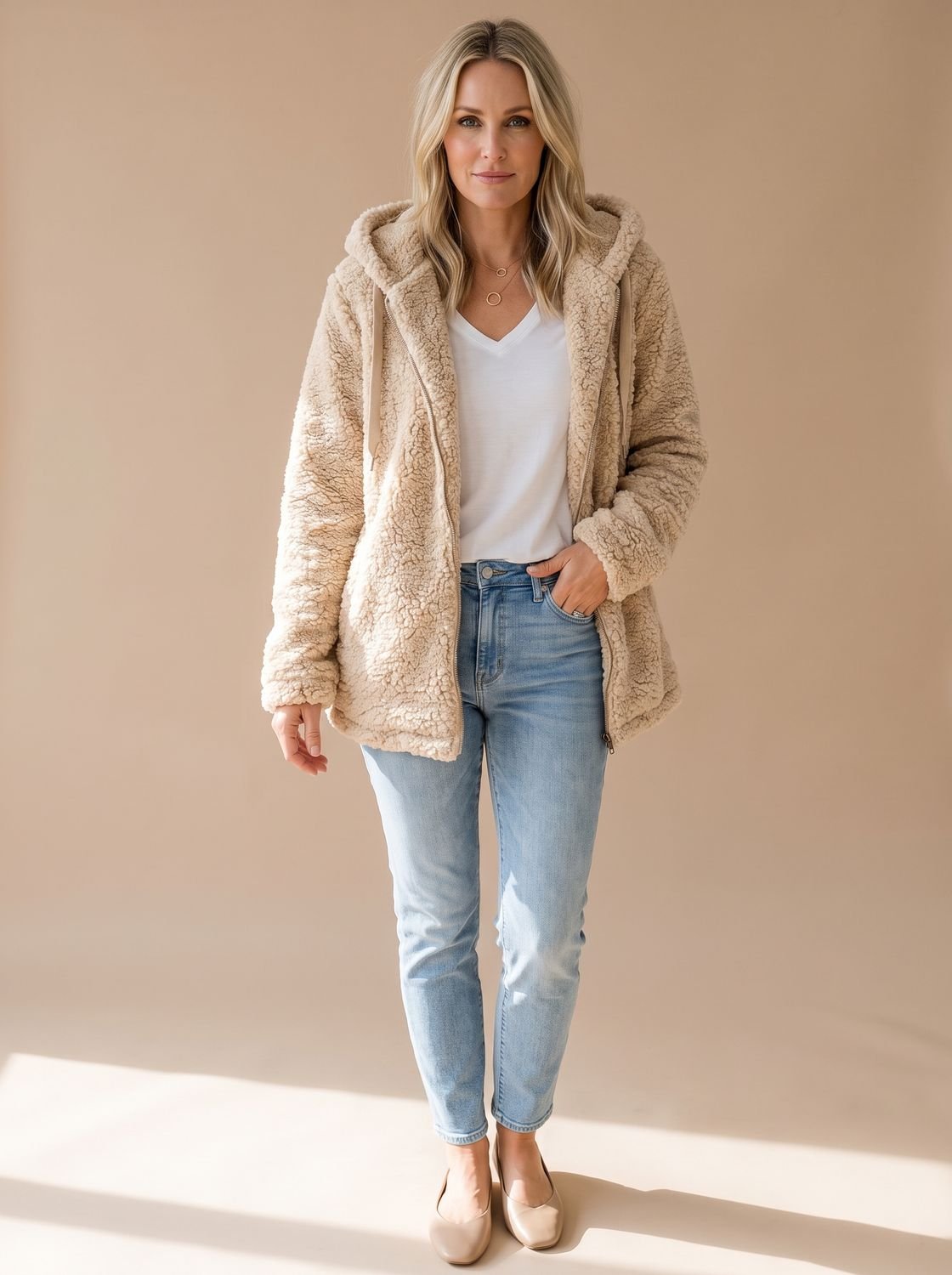 Oversized teddyfleece damesjas met capuchon en ritssluiting