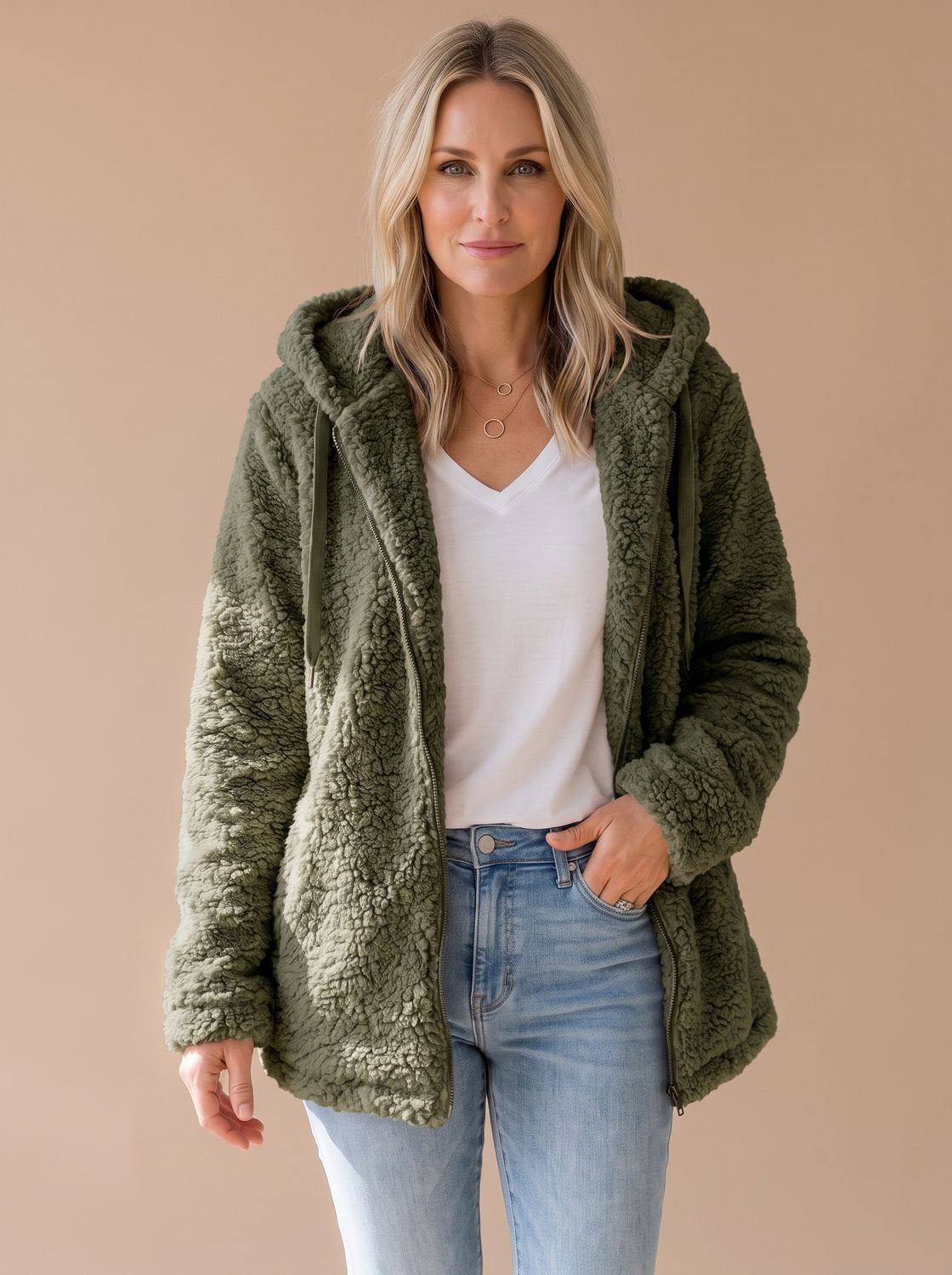 Oversized teddyfleece damesjas met capuchon en ritssluiting