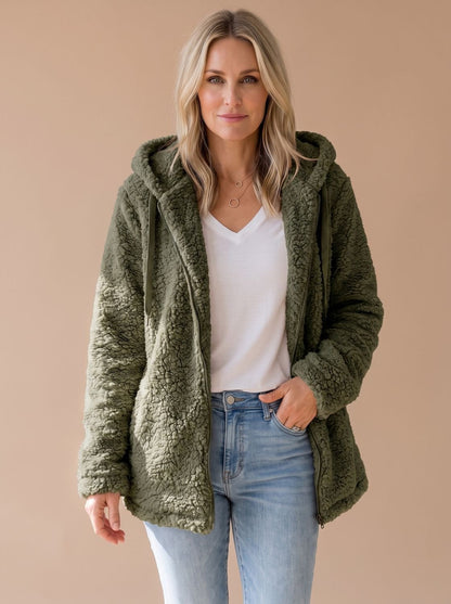 Oversized teddyfleece damesjas met capuchon en ritssluiting
