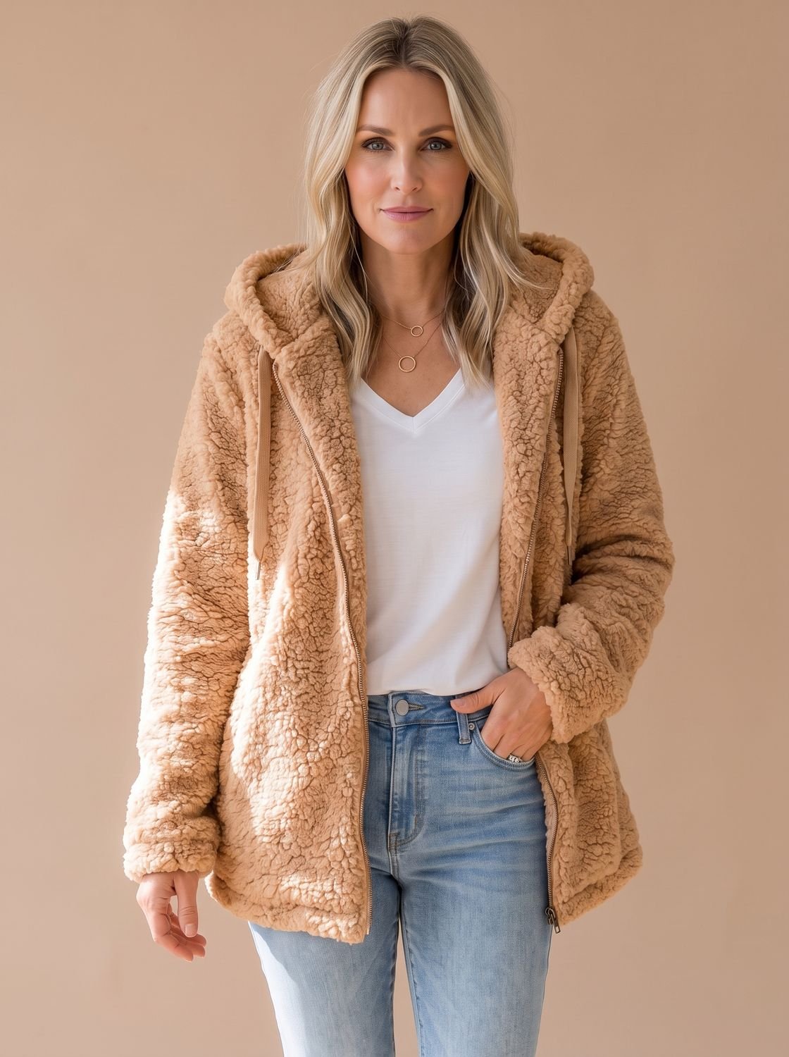 Oversized teddyfleece damesjas met capuchon en ritssluiting