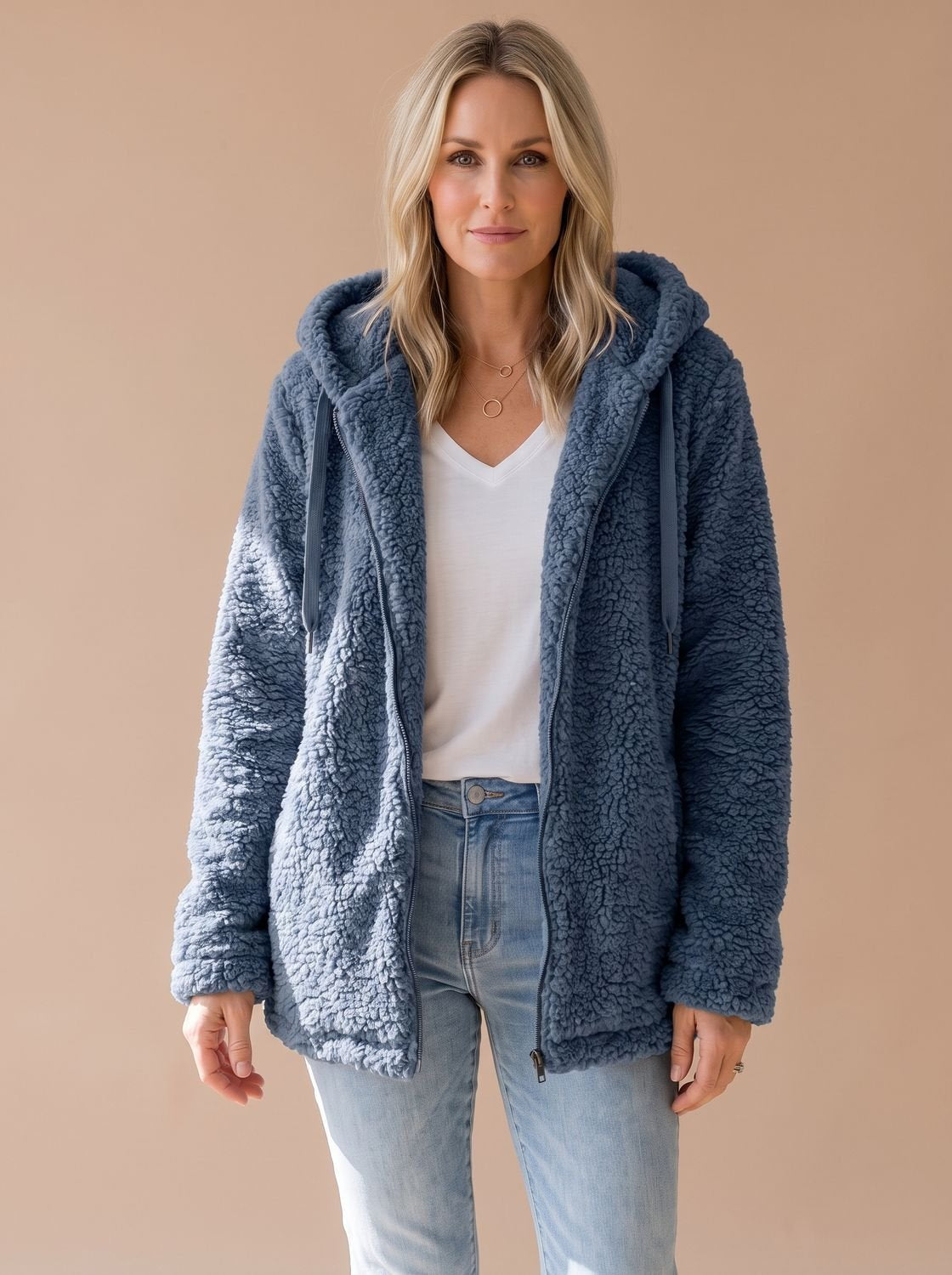 Oversized teddyfleece damesjas met capuchon en ritssluiting