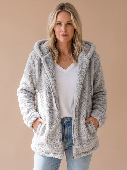 Oversized teddyfleece damesjas met capuchon en ritssluiting