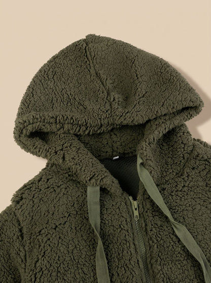 Oversized teddyfleece damesjas met capuchon en ritssluiting