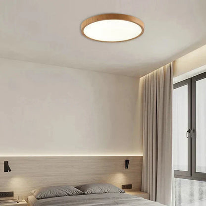 Platte ronde led-plafondlamp met houtlook