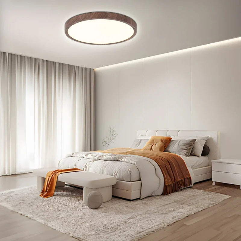 Platte ronde led-plafondlamp met houtlook