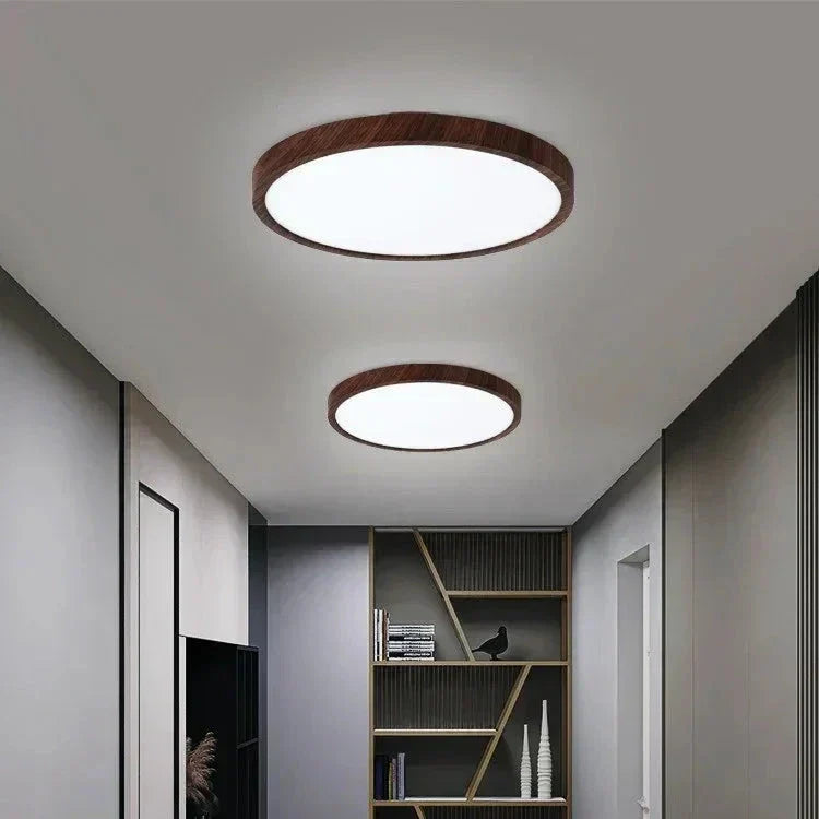 Platte ronde led-plafondlamp met houtlook