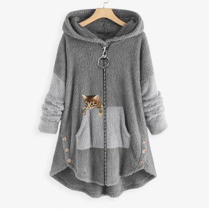 Pluche dames fleecejas met capuchon, ritssluiting en kattenzak