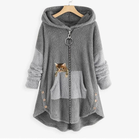 Pluche dames fleecejas met capuchon, ritssluiting en kattenzak