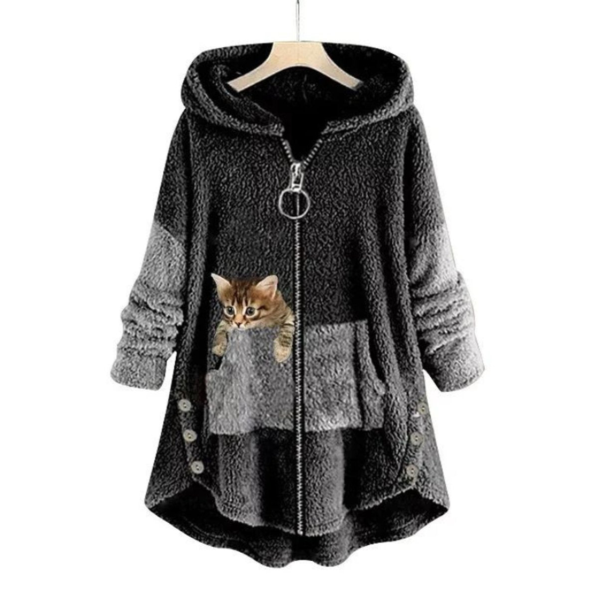 Pluche dames fleecejas met capuchon, ritssluiting en kattenzak
