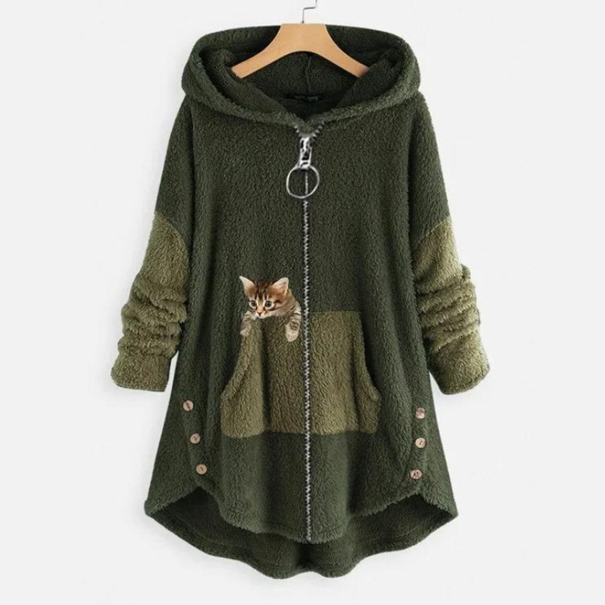 Pluche dames fleecejas met capuchon, ritssluiting en kattenzak
