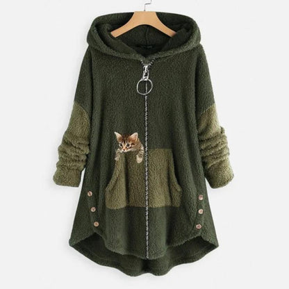 Pluche dames fleecejas met capuchon, ritssluiting en kattenzak