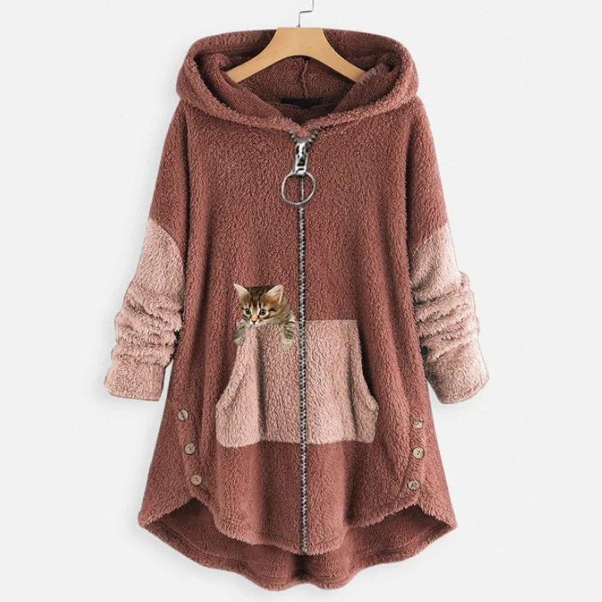 Pluche dames fleecejas met capuchon, ritssluiting en kattenzak