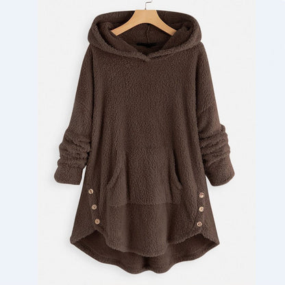 Pluche dames fleecejas met capuchon, ritssluiting en kattenzak