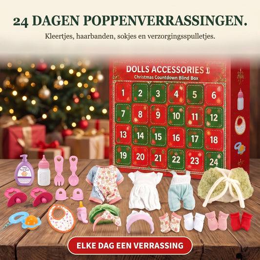Poppenaccessoires Adventskalender, 24 Dagen Kleertjes en Verzorgingsverrassingen