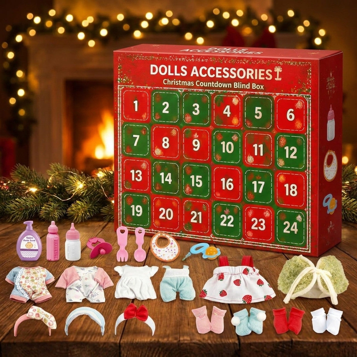Poppenaccessoires Adventskalender, 24 Dagen Kleertjes en Verzorgingsverrassingen