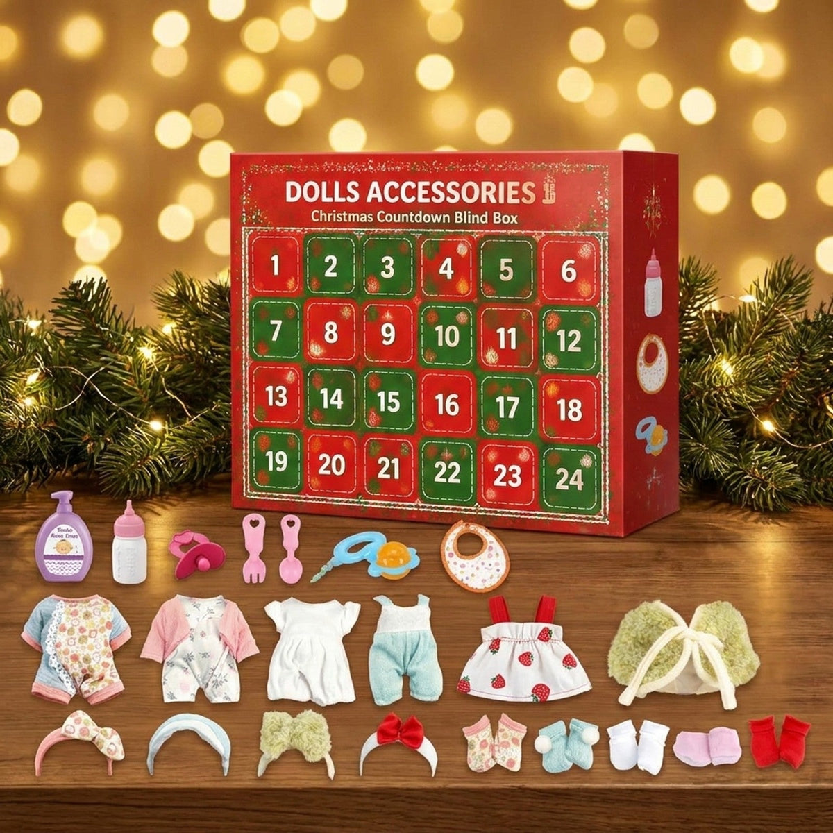 Poppenaccessoires Adventskalender, 24 Dagen Kleertjes en Verzorgingsverrassingen