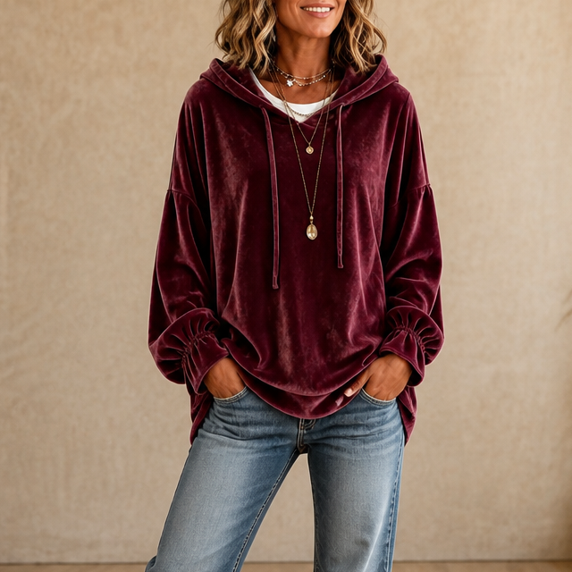 Relaxed fluwelen hoodie met ruchemanchetten