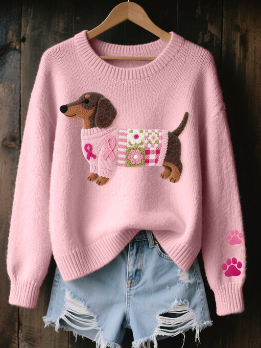Relaxte gebreide damestrui met teckel-patchwork
