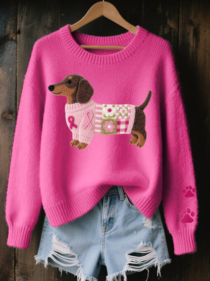 Relaxte gebreide damestrui met teckel-patchwork