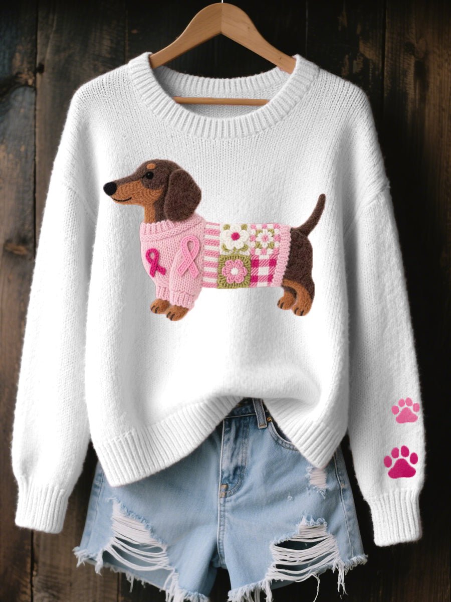 Relaxte gebreide damestrui met teckel-patchwork