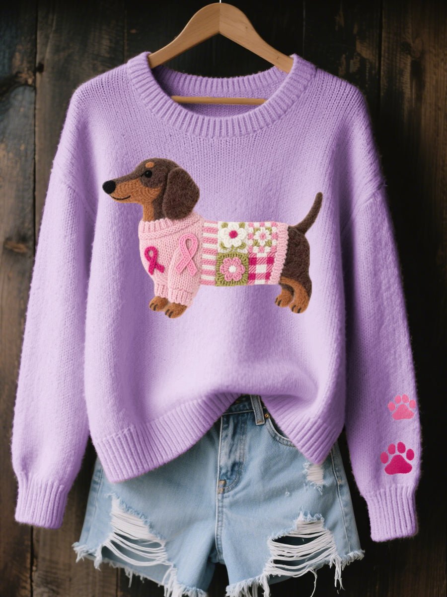Relaxte gebreide damestrui met teckel-patchwork