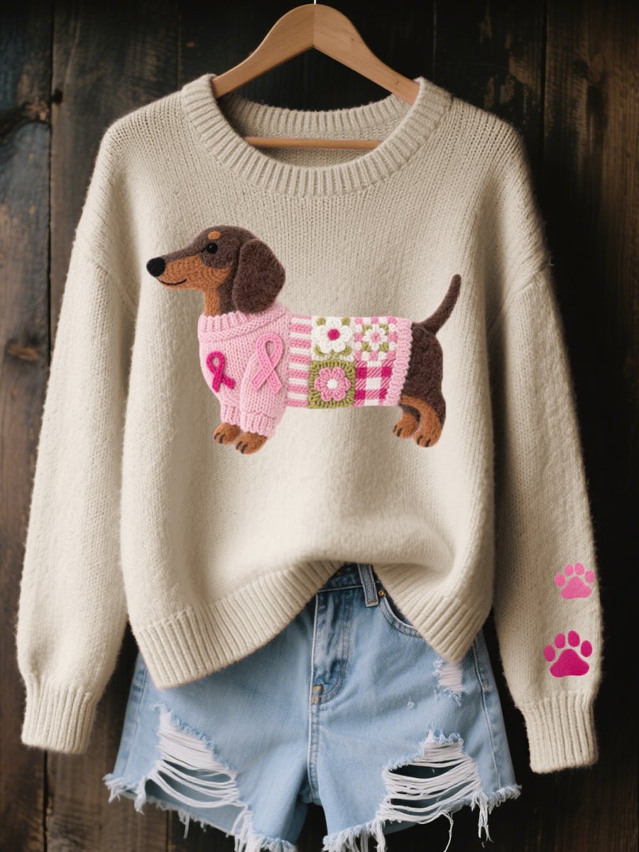 Relaxte gebreide damestrui met teckel-patchwork