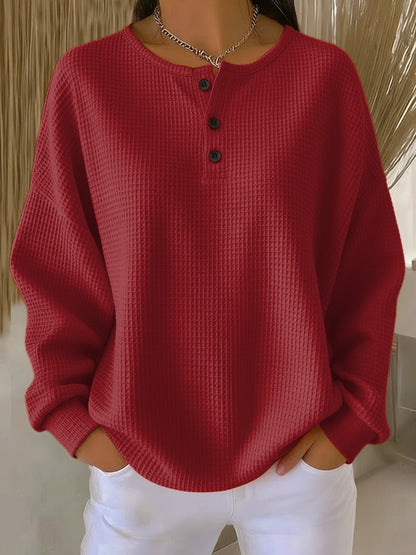 Relaxte wafelgebreide henley trui voor dames