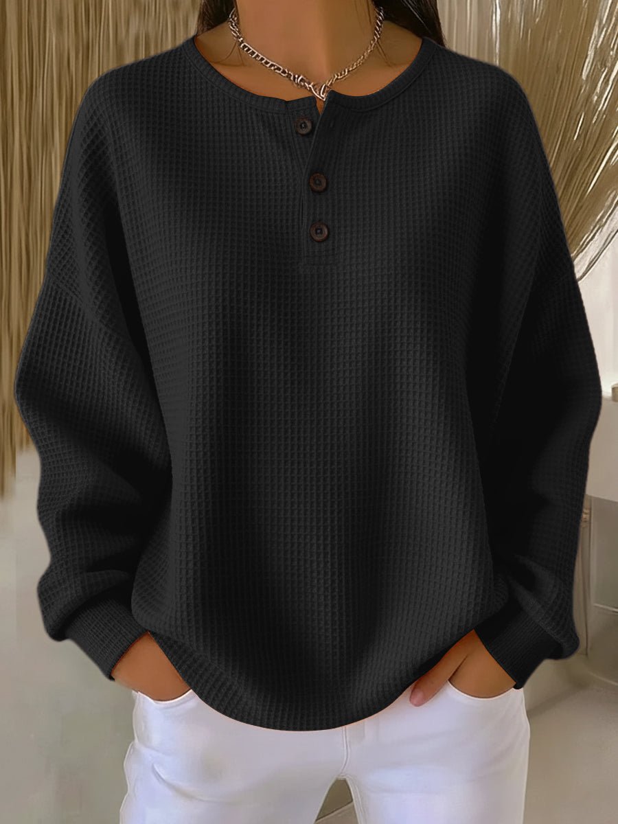 Relaxte wafelgebreide henley trui voor dames