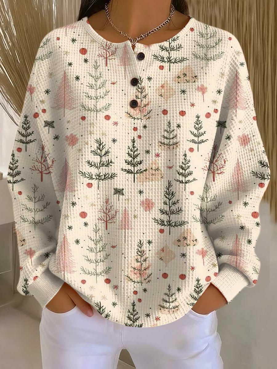 Ribgebreide damestrui met kerstboomprint en knoopsluiting