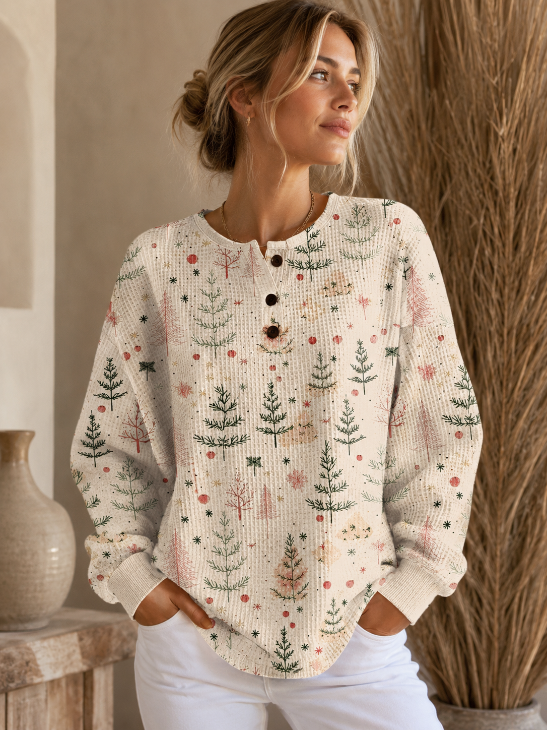 Ribgebreide damestrui met kerstboomprint en knoopsluiting