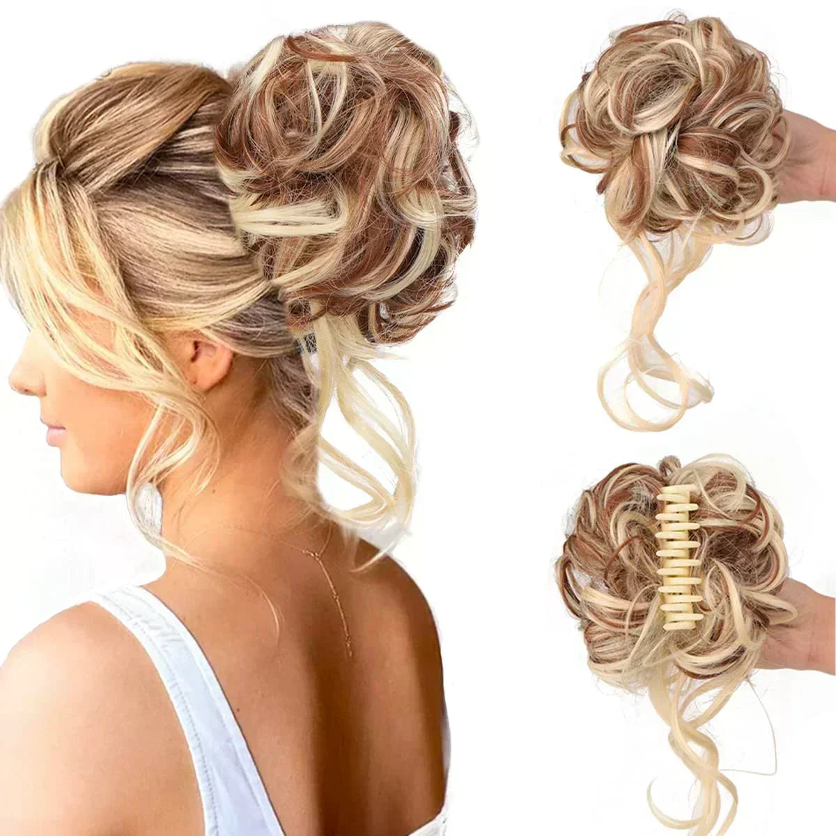 Rommelige knot op klem met volle krullen voor dames