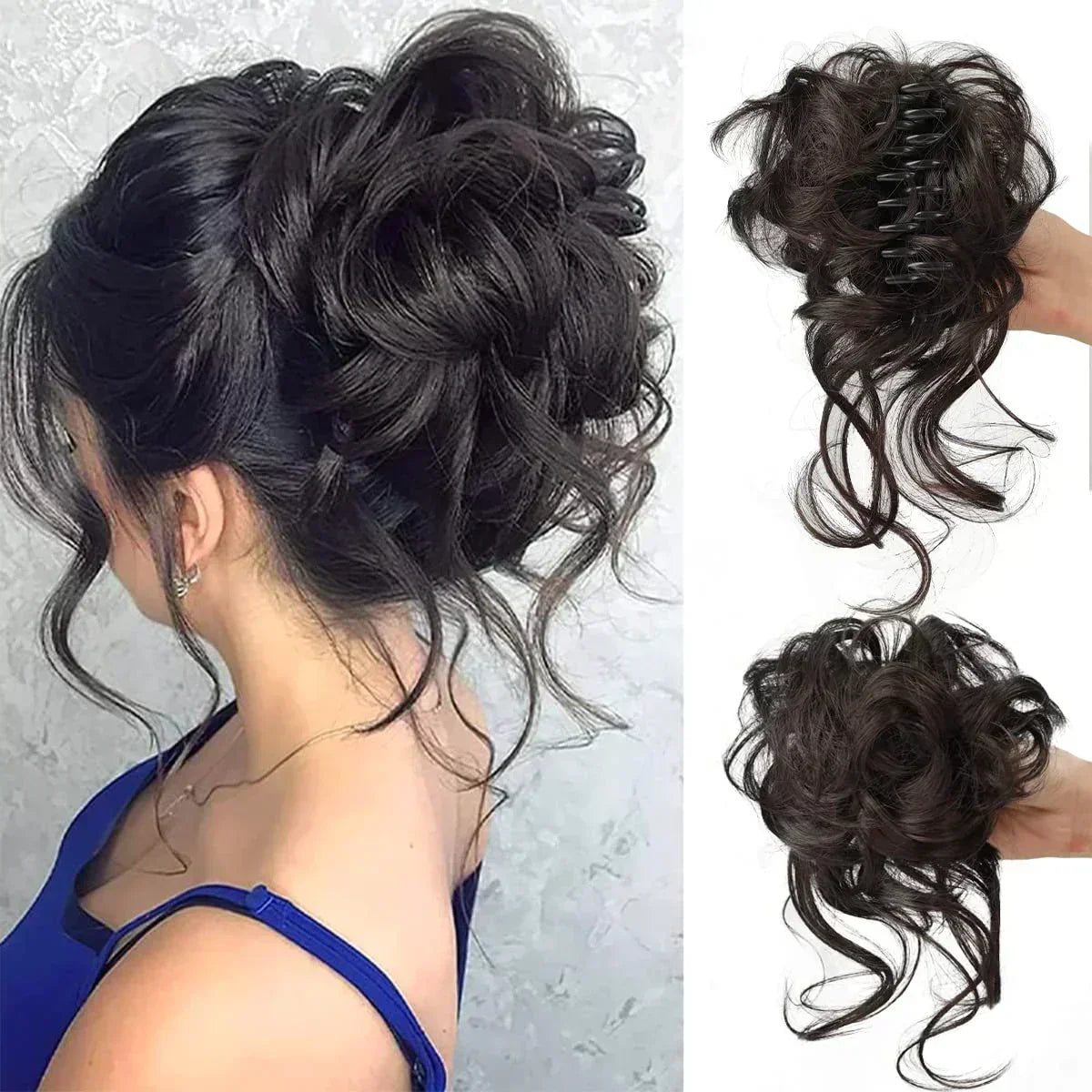 Rommelige knot op klem met volle krullen voor dames