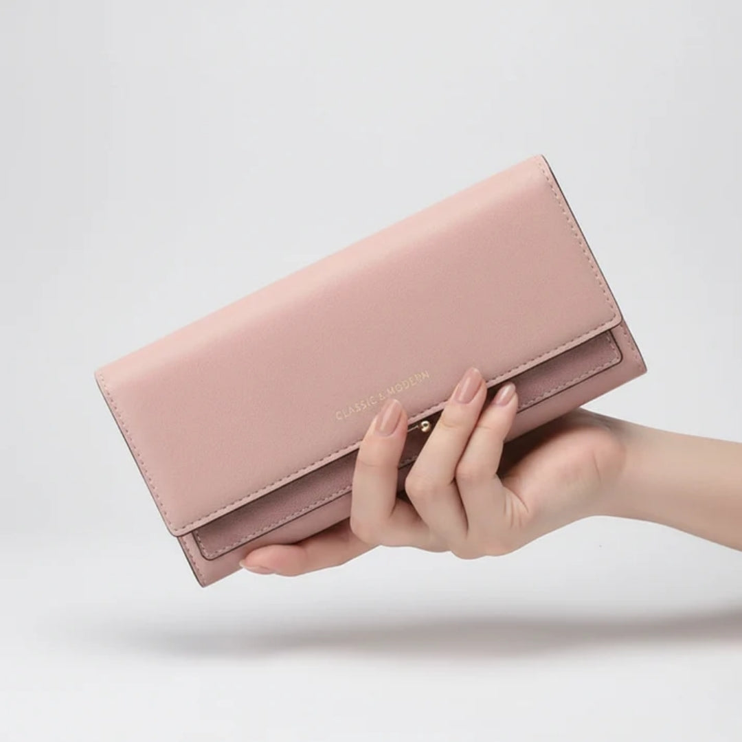Ruime damesportemonnee met telefoonvak en elegante details