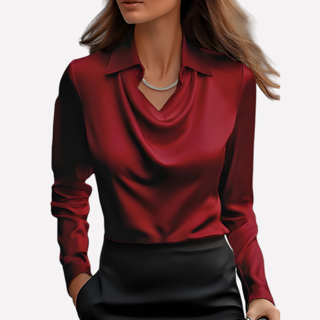 Satijnen damesblouse met watervalhals en lange mouwen