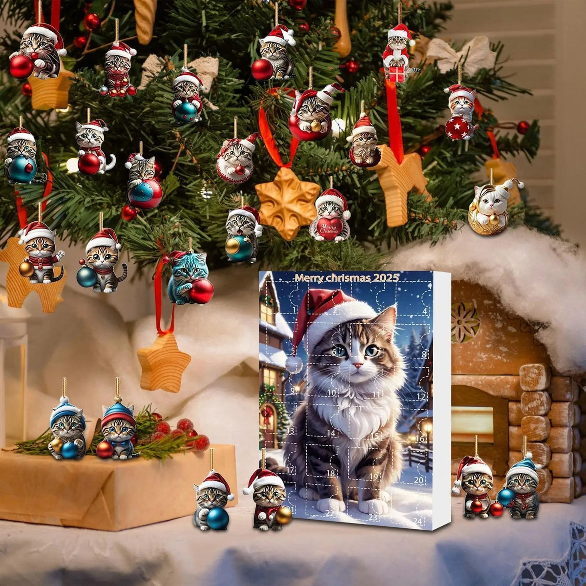 Set van 24 kersthangers in de vorm van een kat van duurzaam acryl voor adventskalenderdecoratie