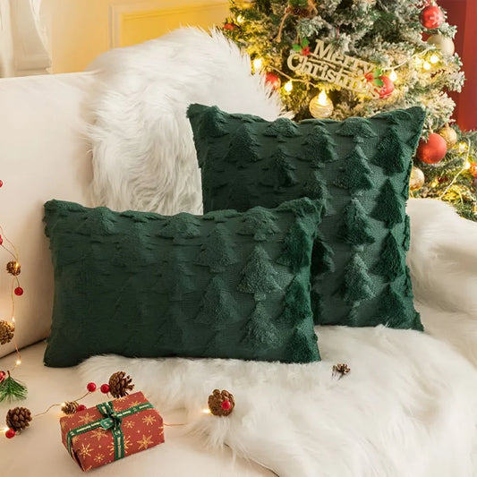 Sierkussenhoes met getextureerd kerstboompatroon – Pluche