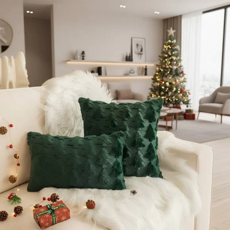 Sierkussenhoes met getextureerd kerstboompatroon – Pluche