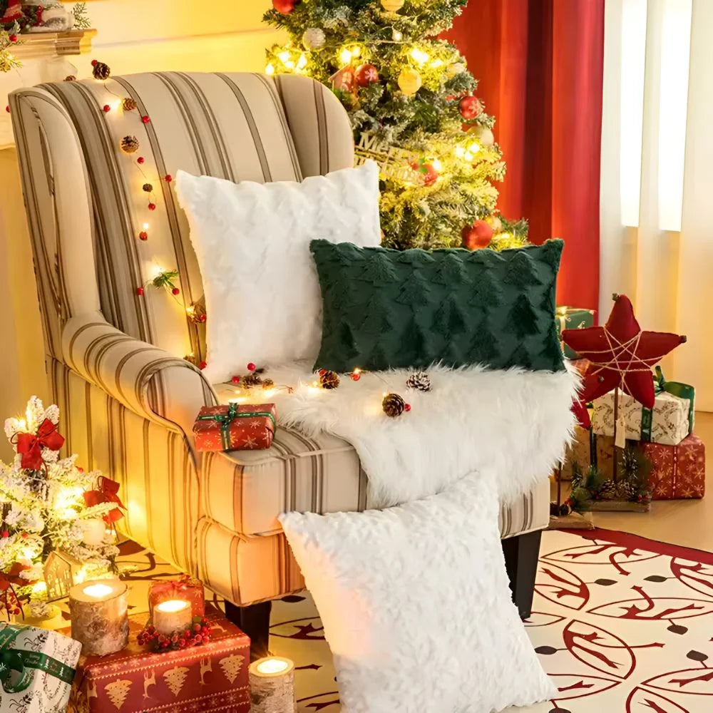 Sierkussenhoes met getextureerd kerstboompatroon – Pluche