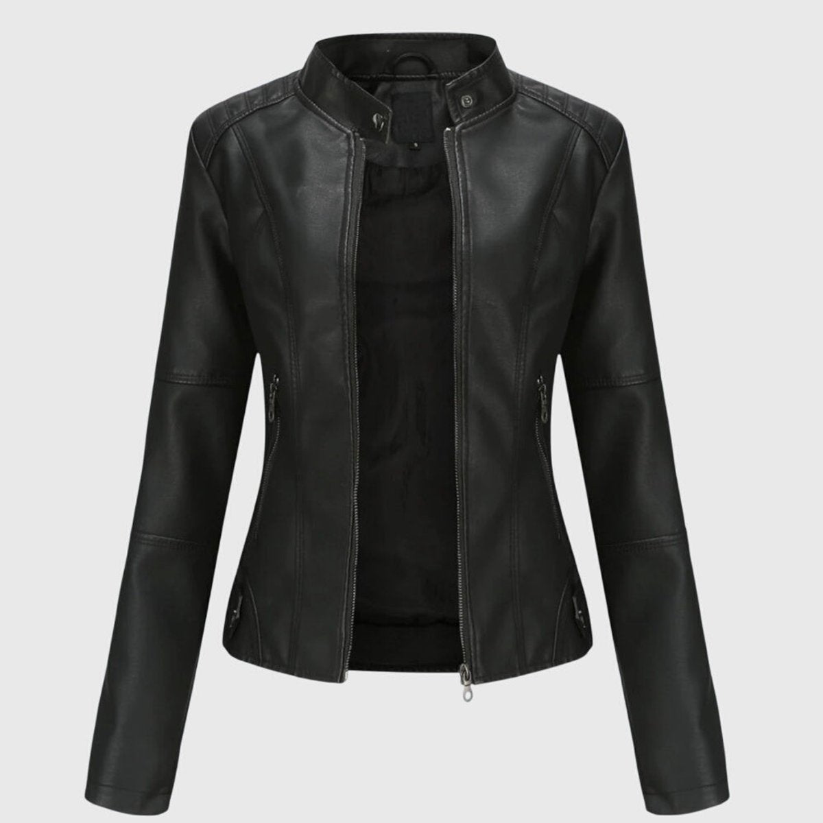 Slim fit imitatieleren bikerjack voor dames met opstaande kraag en ritssluiting