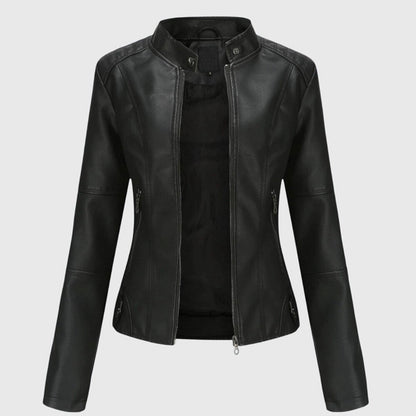 Slim fit imitatieleren bikerjack voor dames met opstaande kraag en ritssluiting